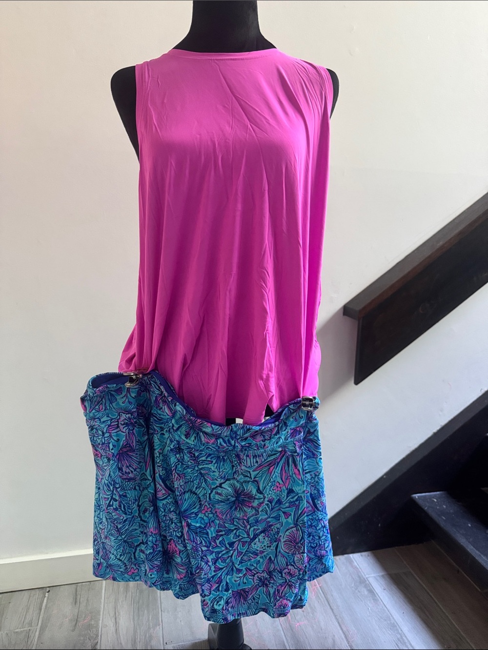 Bright Fuchsia Sleeveless Luxletics top with Blue Floral Skirt